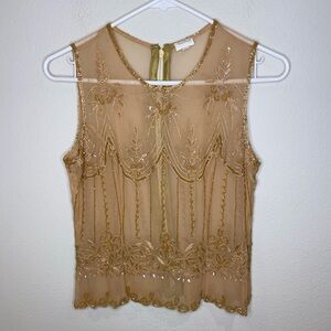 Carol Horn's Habitat Vintage Silk Beaded Sleeveless Sheer Top Tan Size S Boho